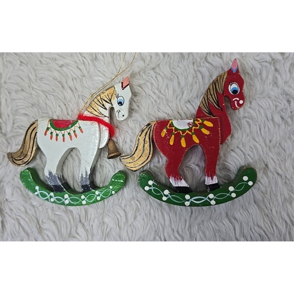 Vintage Wooden Rocking Horse Ornament Pair of 2 Hand Painted 70s Cute‎ Holiday